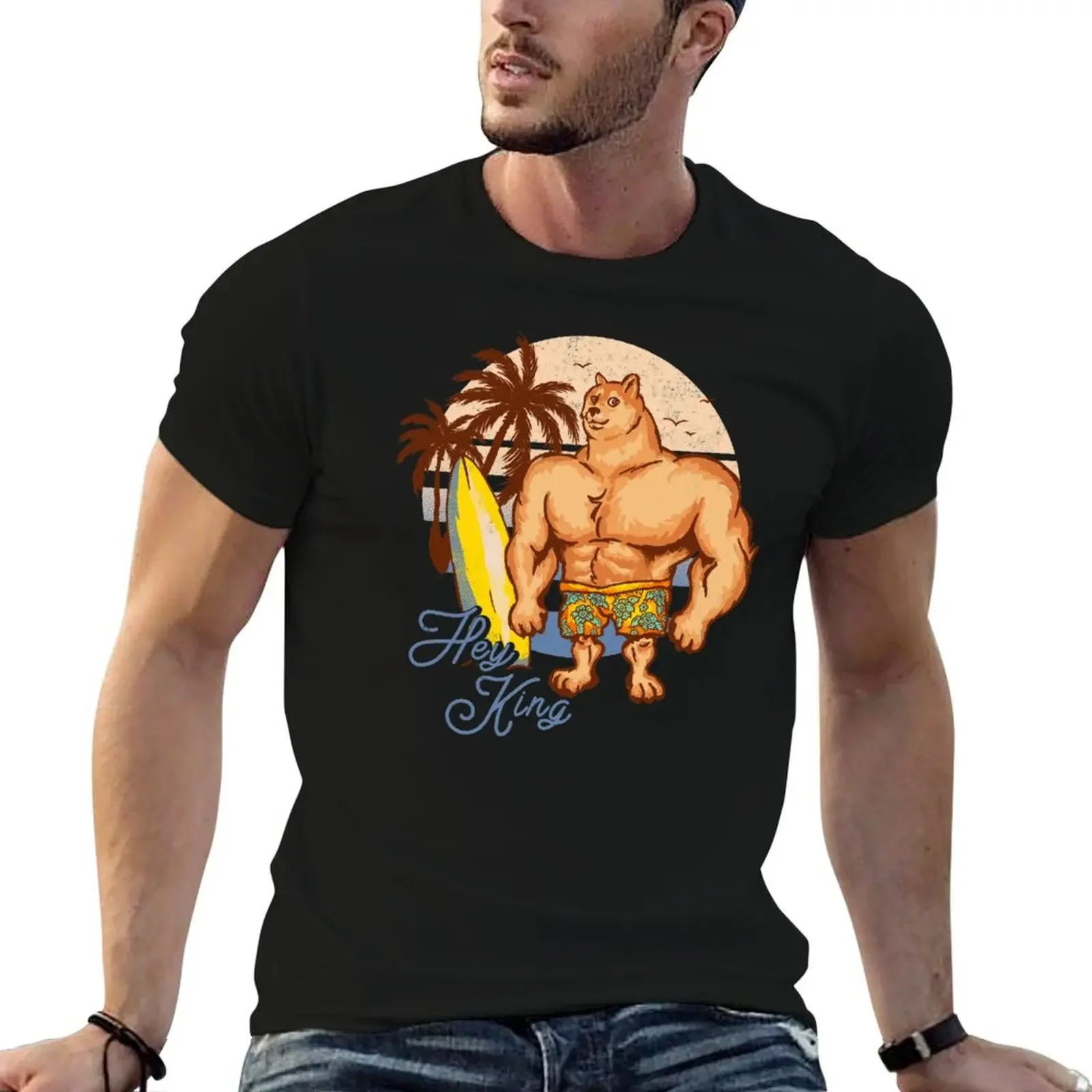 

Swole Doge Chilling on the Beach Blue Hey King Big Muscle Buff Dog Chad Shiba Inu Doggo Dank Memes Bonk Dorime Much Wow T-Shirt