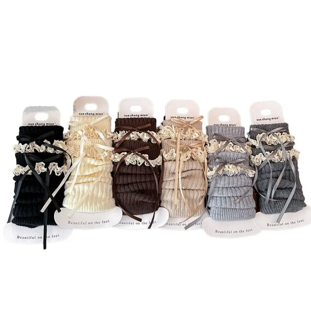 Casual Lace Trim Girls Sock Cuffs Elastic Soft Fabric Leg Warmers Thick Warm Bow Decor Slouch Socks Kid Outfit Match