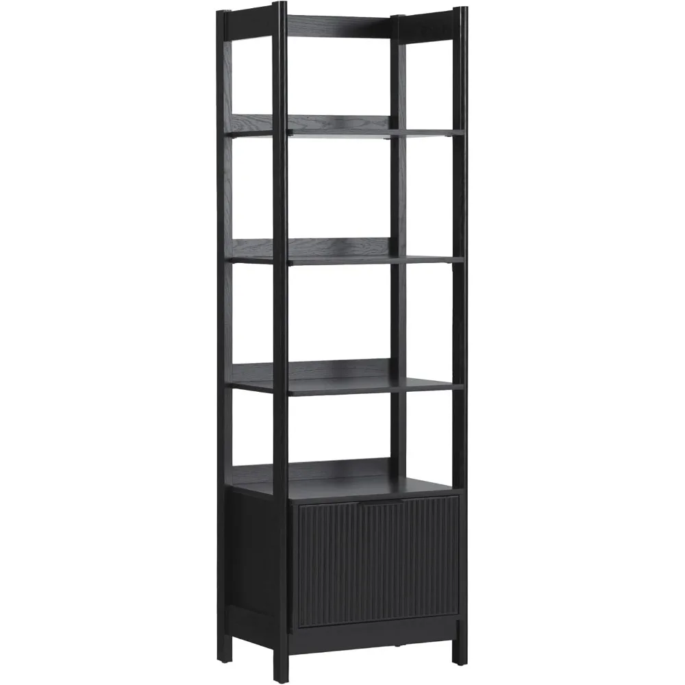 Modern Home Office 4-Shelf Bookshelf, 22 Inch, One-Drawer Black