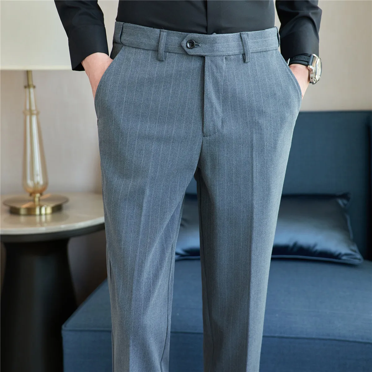 

High Quality Men's Striped Suit Pants Fashion Elastic Waist Design Slim Fit Casual Pants Formal Wear Wedding Social Trousers
