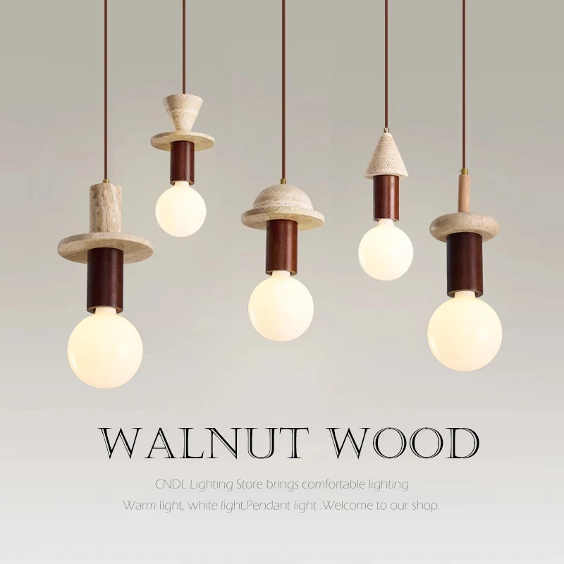 Nordic Walnut Wood LED Pendant Lights Home Decor cave stone Hanglamp Restaurant Ceiling Chandelier Kitchen Loft Light Fixture