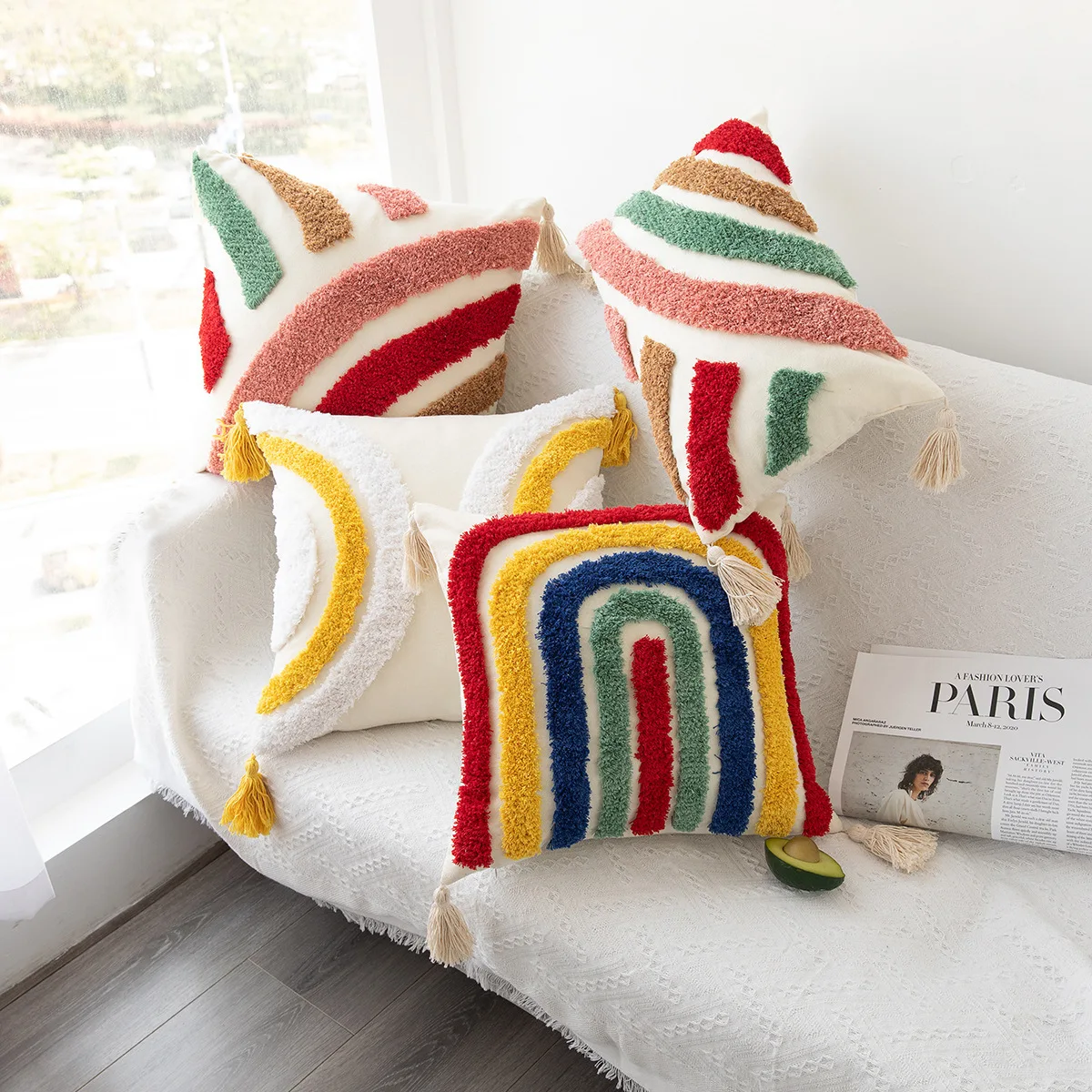 

Soft Cozy Tufting Sofa Cushion Cover Room Deocr Hand-woven Throw Pillowcover Tufted Rainbow Plid Tassel Pillowcase