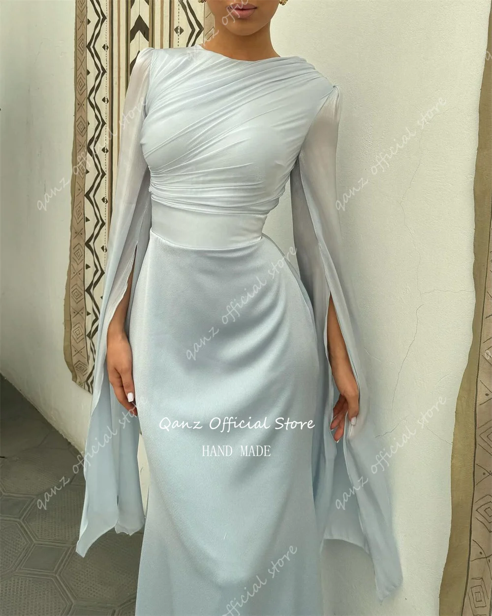 Qanz Elegant Mermaid Evening Dresses O Neck Pleat Long Cape Sleeves Satin Gowns Robe De Soirée Orientale Femmes Customized