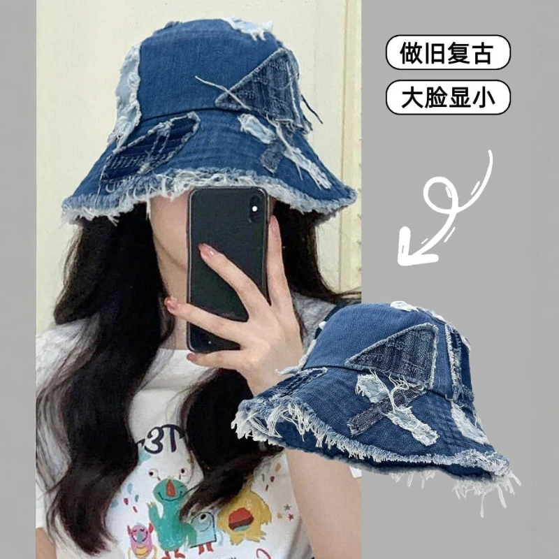 

Korean Version Retro Rough Edge Splicing Denim Bucket Hats Women Summer Travel Sunscreen Versatile Casual Big Brim Men's Caps