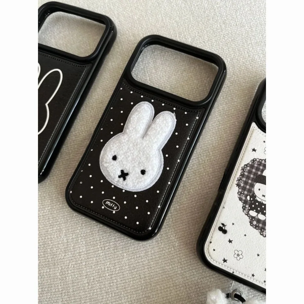 Miffy Bunny Aesthetic Card Holder Phone Case PU Leather Wallet Cover with Lanyard Anti‑Drop for Flip Smartphone Protective Shell