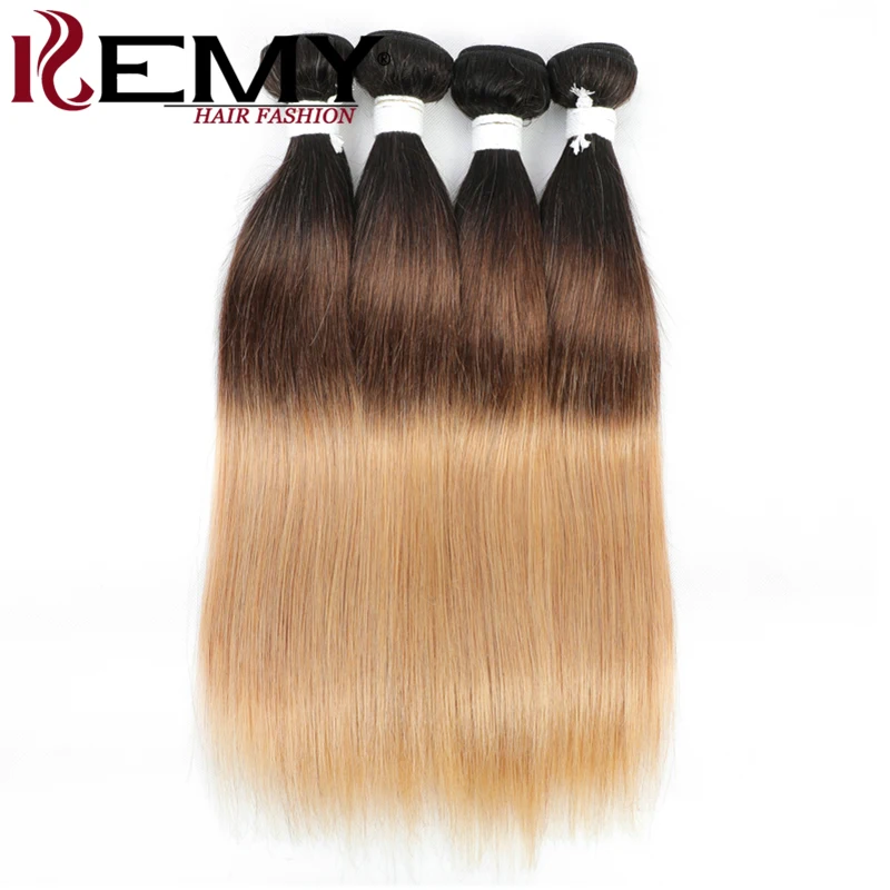 Mechones de cabello humano liso, pelo Remy brasileño, 3 tonos, 1B/4/27, color rubio degradado, 3/4