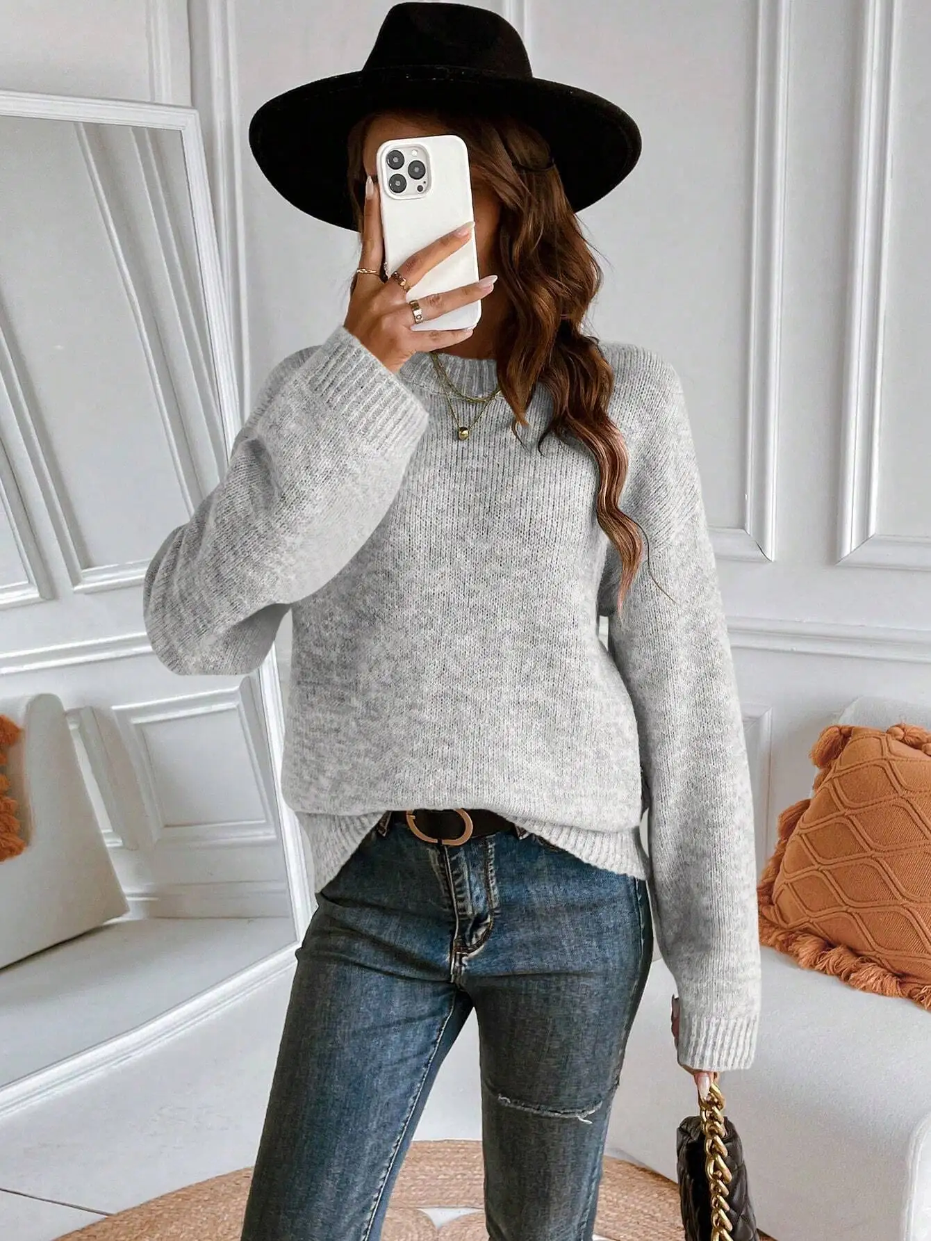 ترقية حديثا قسط سميكة الدافئة المرأة رمادي طاقم الرقبة سترة متماسكة البلوز الخريف الشتاء الزي #5