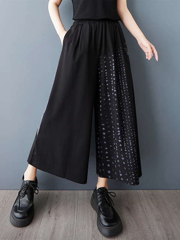 

Summer 2025 Women's Loose Wide Leg Pants Drapey Printed Splicing Design Casual High Waist Elastic Straight Tube Trousers