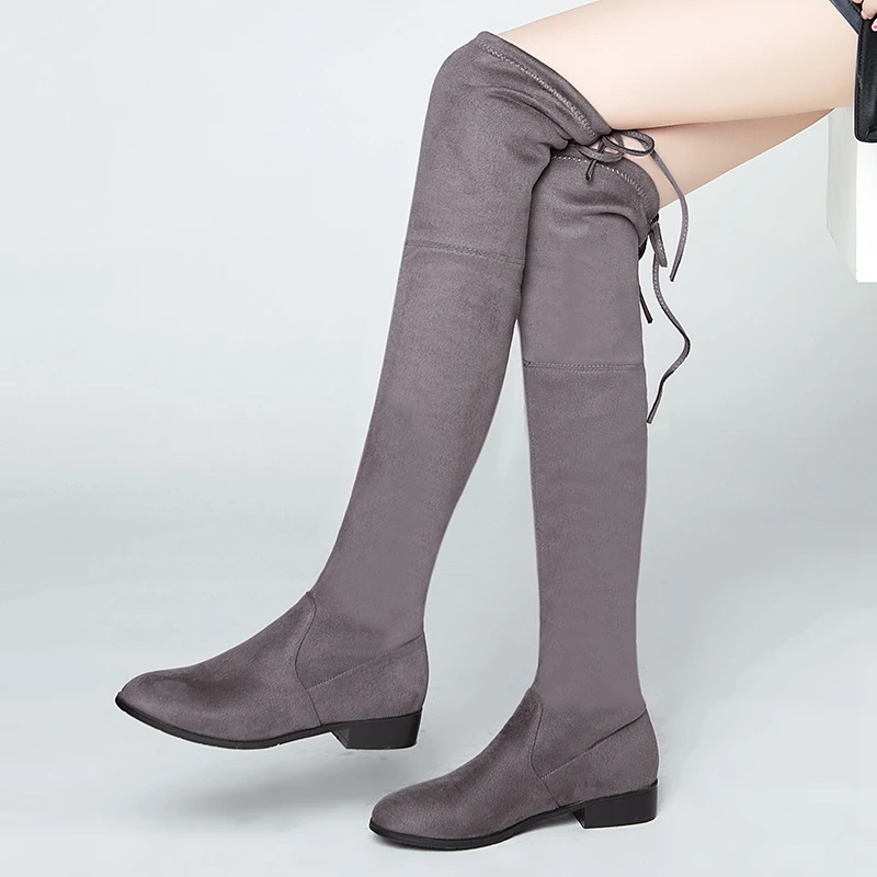 

ORCHA LISA New Women's Over The Knee Boots Pointed Toe Flock Flat Style Lace Up Size 45 46 Spring Autumn Daily Casual Style
