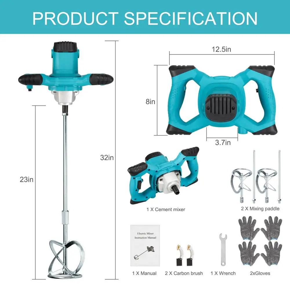 핸드헬드 전기 콘크리트 믹서, 6 단 속도 조절, 액세서리 팩, 2600W