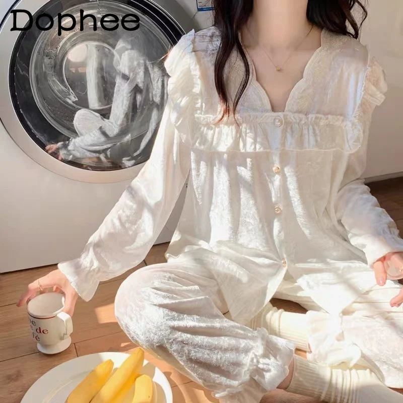

Sweet Girl Princess Style High-End Japanese Ins Long-Sleeve Pajamas Velvet Light Luxury Doll Collar Cute Casual Homewear Set