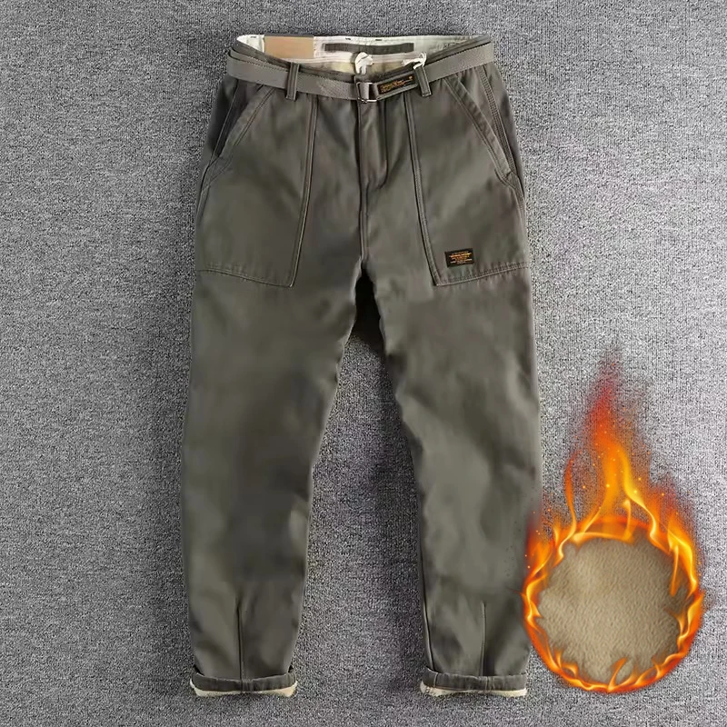 Winter Heavy Plus Fleece Thick Casual Pants Men Khaki Retro Trend Cargo Pocket Design Conical Long Pants