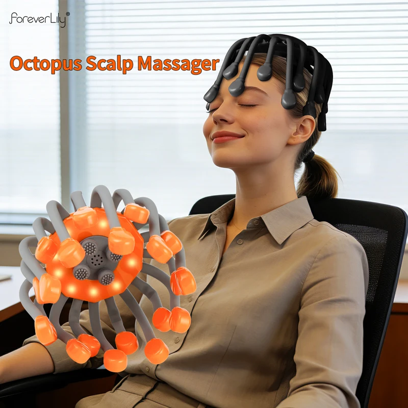 

Массажер для головы с 24 массажными головками, оранжевый, вибрационный, в форме осьминога, для расслабления, с Bluetooth-музыкой