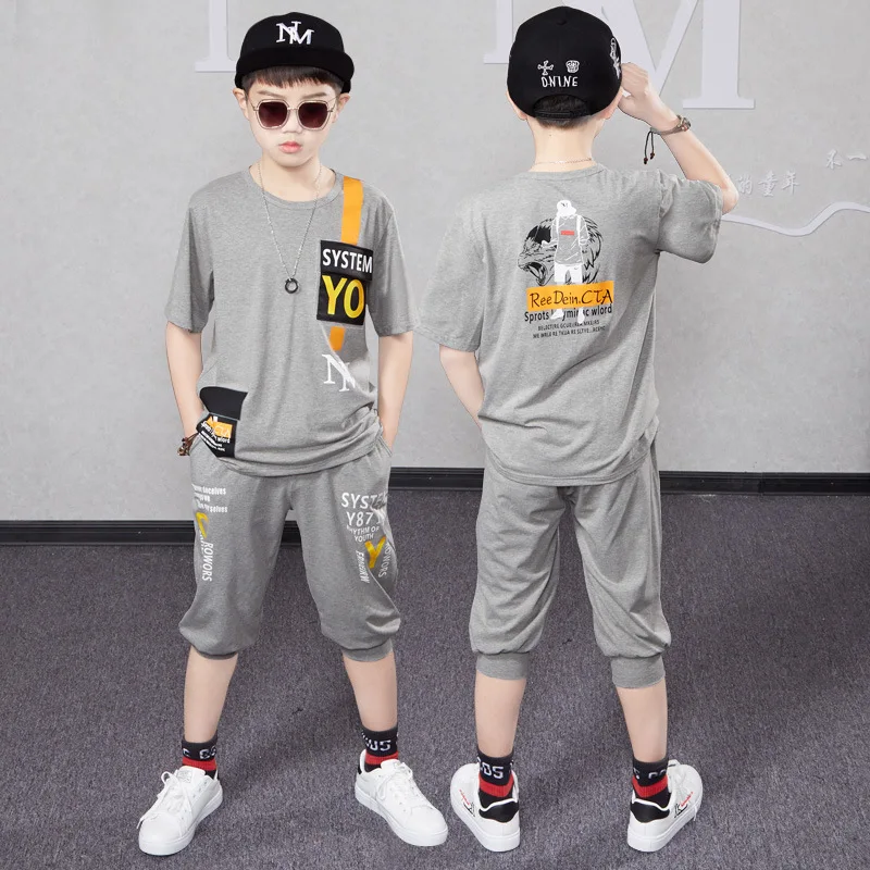 

2023 Summer Boys Clothes Sets Casual O-neck Short Sleeve Letter Print Top & 7/10 Pants 2 Pieces Sport Suits Outfits 120-170