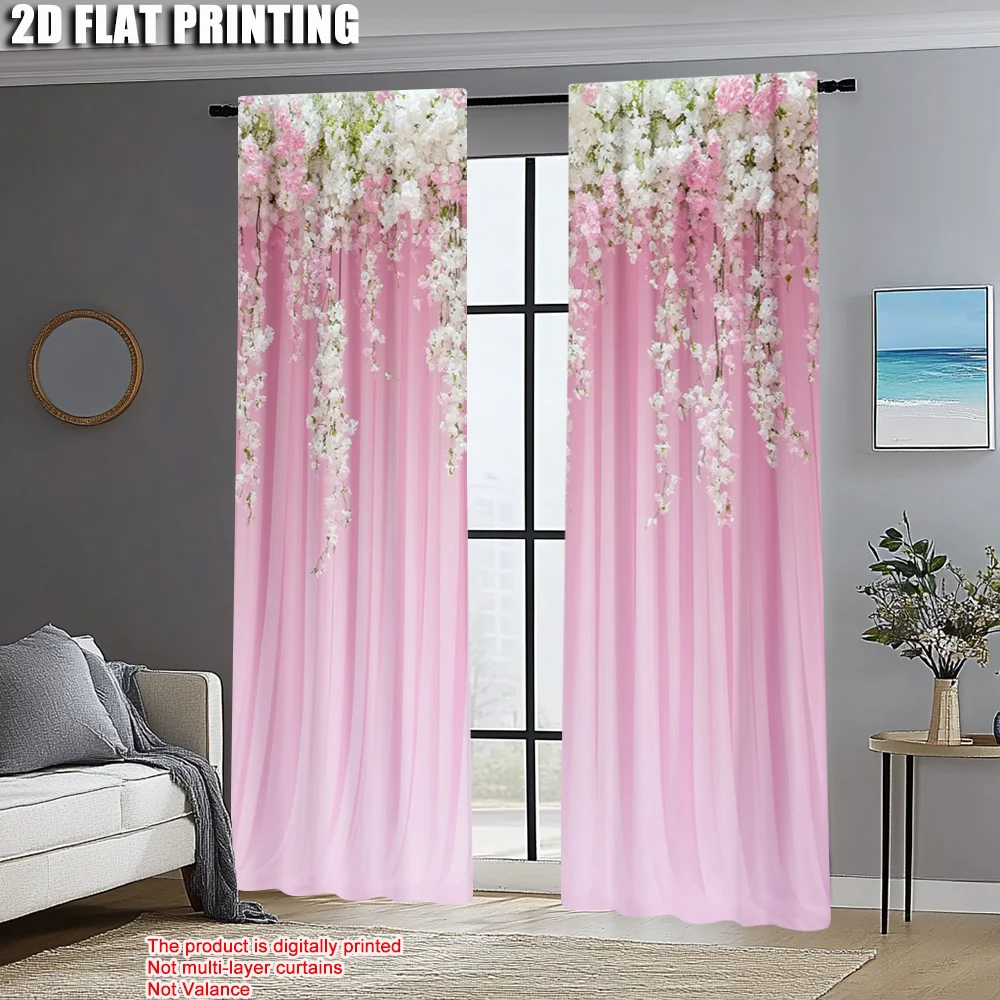 2pcs, Creative Curtains 2D print Lush Pink & White Flowers with Green Foliage Durable Polyester (without rod) Holiday Ldeal for