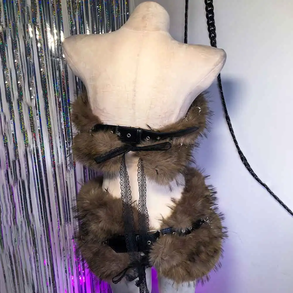 

Grunge E-Girls Hand Made Goth Kawaii Eco Harajuku O-ring Emo Gothic 90s Y2K Faux Fur TOPS DIY Punk Rock Studded Skull