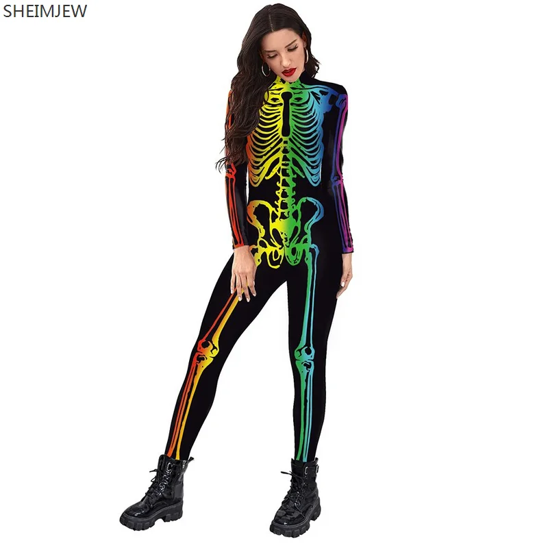 Disfraz de Halloween con estampado 3D de calavera fluorescente, mono Sexy para adultos, ropa de fiesta de carnaval, S-XL