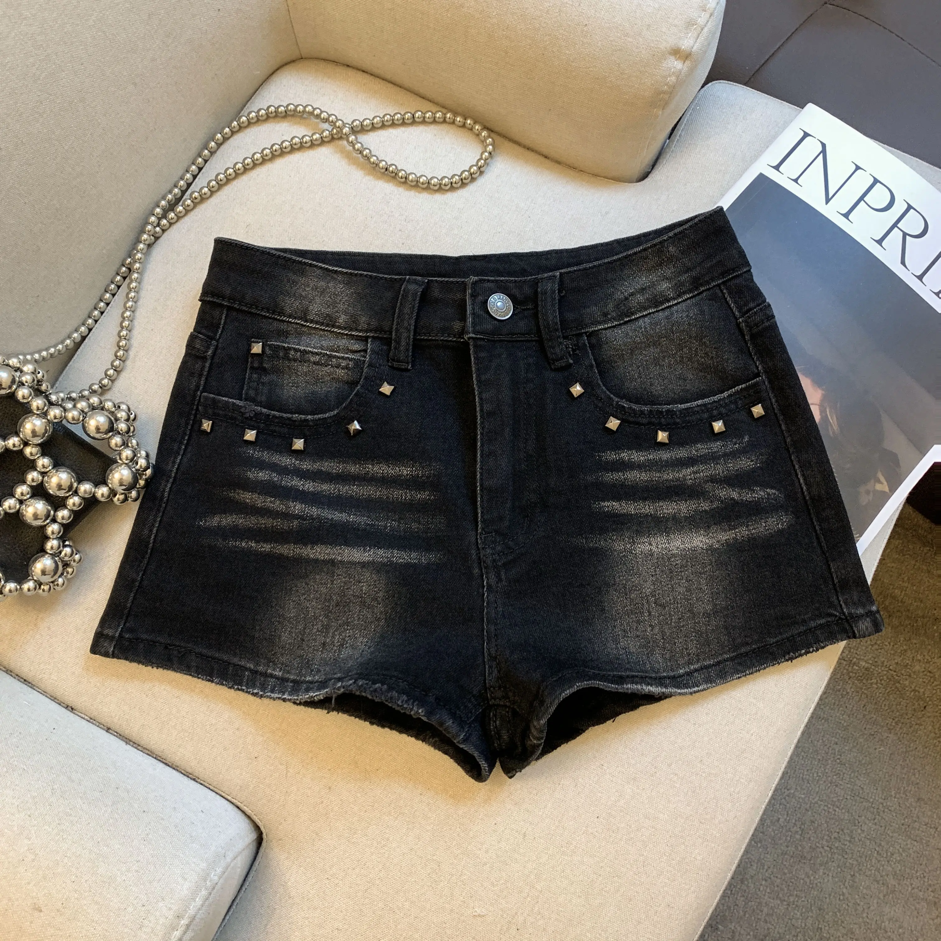 

Women's Black Blue Rivet Jeans Shorts Cargo Y2K Japanese Harajuku 2000s Style High Street Fashion Denim Shorts Jeans Clothing