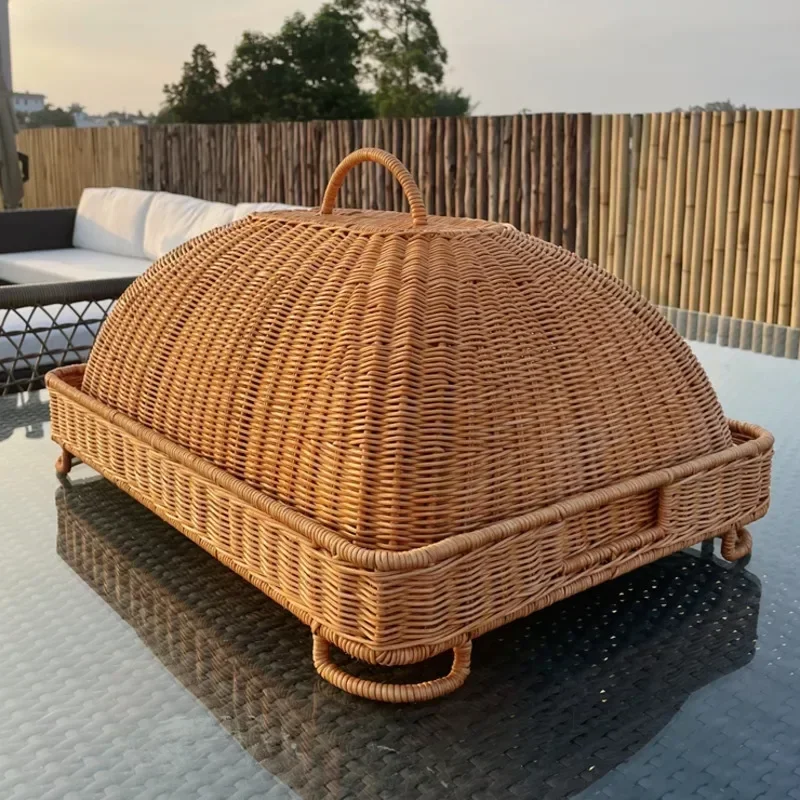 Natural Rattan Food Cover Breathable Insect-Proof Dome Lid, Rectangular Dustproof Dish Cloche, Stylish Kitchen Food Protector