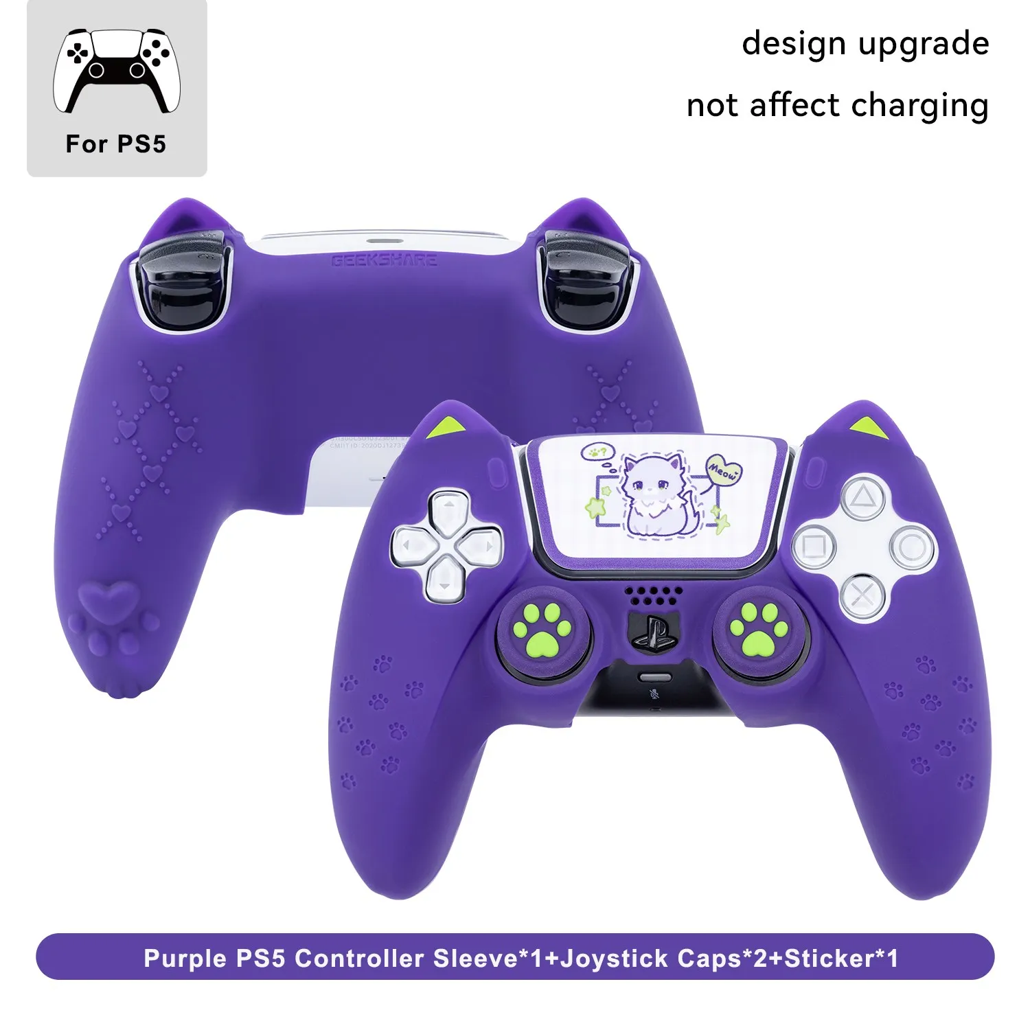 GeekShare PS5 컨트롤러용 보호 슬리브, 고양이 발 미끄럼 방지 실리콘 케이스 커버, 조이스틱 캡, 충전 베이스에 적합