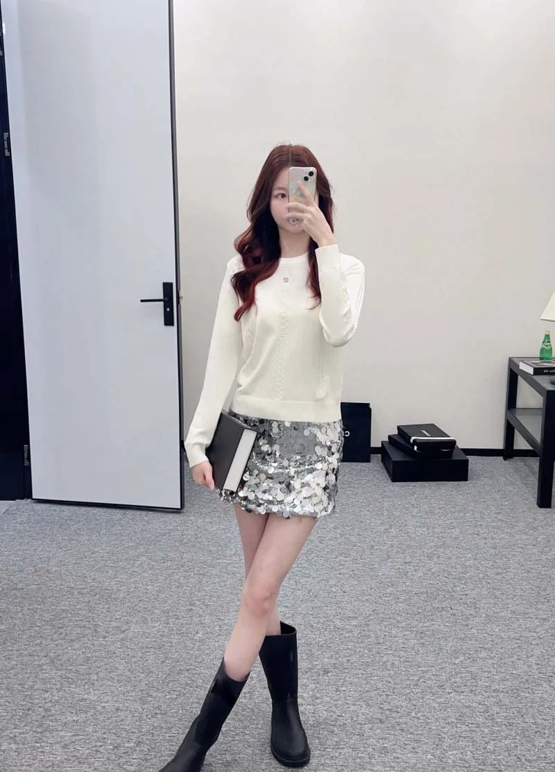 

Girls' style women's pullover sweater, fashionable socialite temperament, nail bead striped long sleeved wool knitted sweater