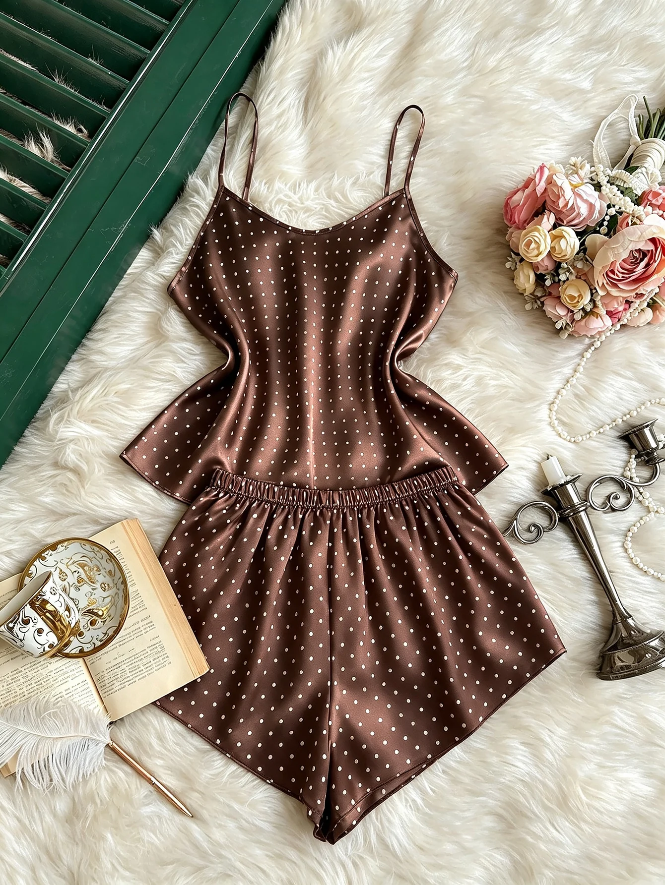 New Fashion Women Polka Dot Print Satin 2Pcs Pajama Set Elegant Round Neck Top Elastic Waist Shorts Ladies Home Sleepwear