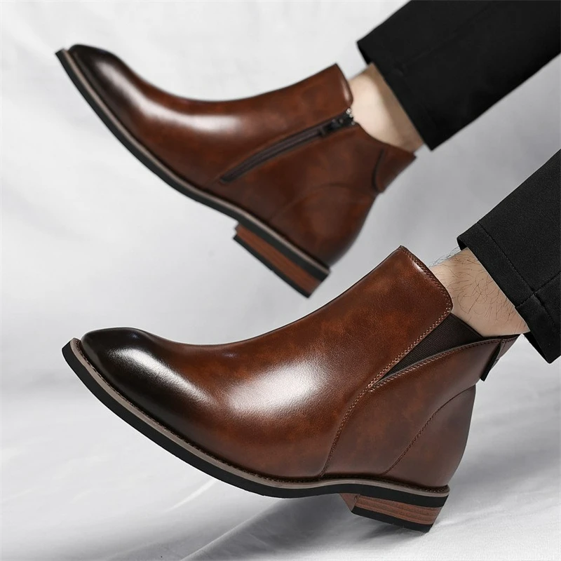 Men Chelsea Boots Leather Ankle Boots British Style Side Zipper Men Boots High-Top Casual Shoes Pointed Toe Business Dress Boot