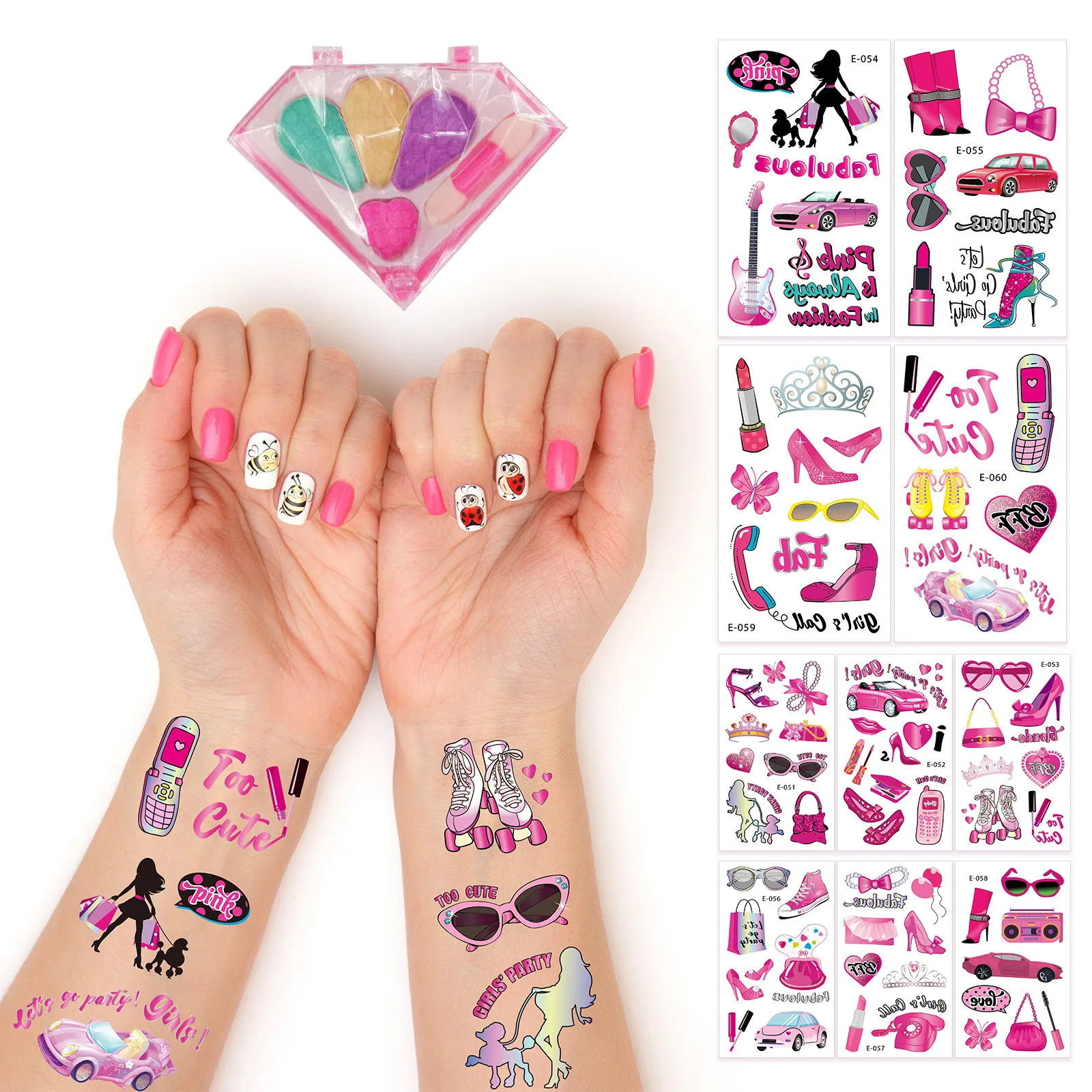 Pink Retro Girls Waterproof Temporary Tattoo Stickers Womens Party Holiday Art Kids Makeup Face Stickers Makeup Glitter Fake Tat