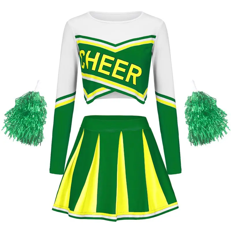 Children Girls  Long Sleeve Cheerleader pompon Sexy Student Stage Music Performance Dress Suit Halloween Uniform