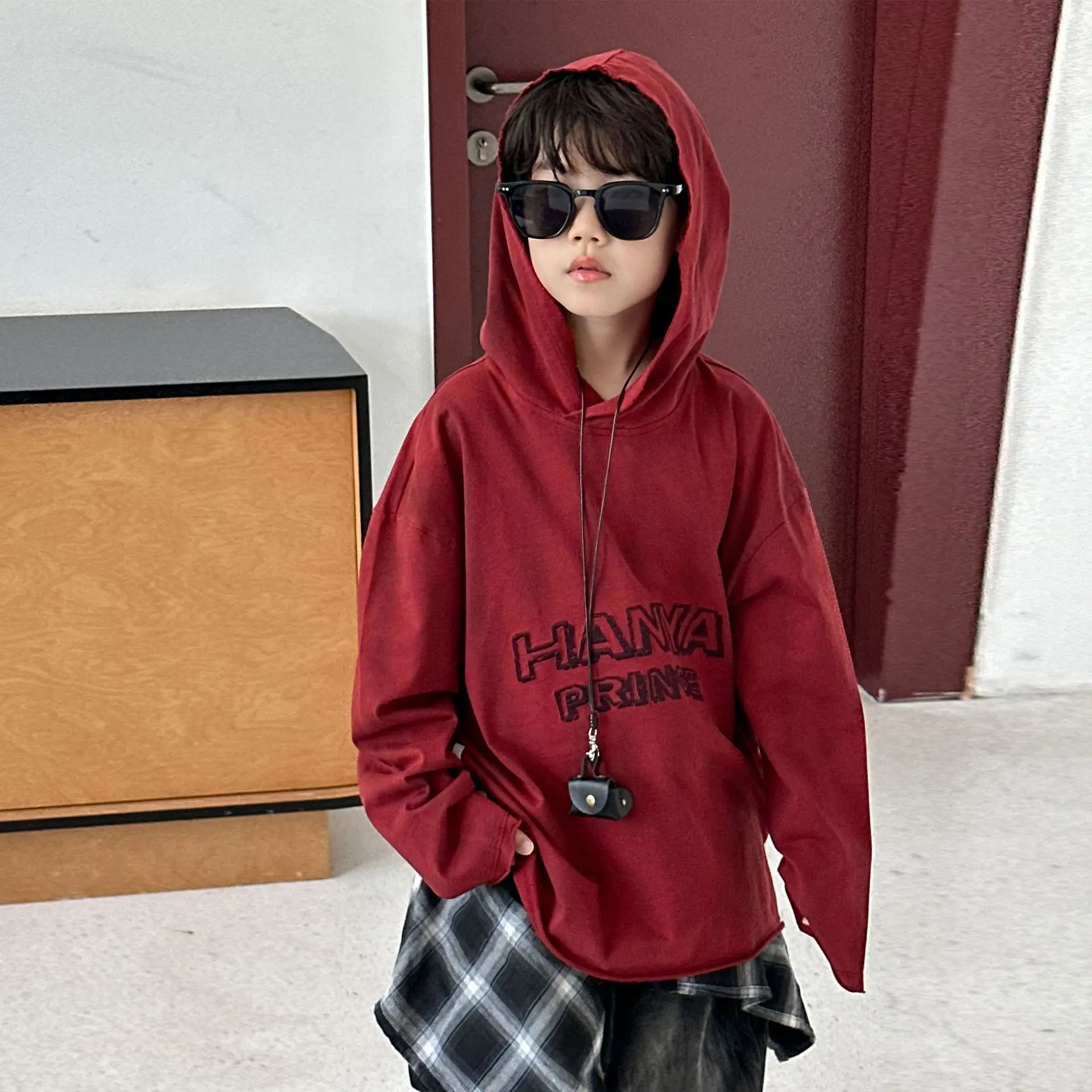 

Boys Red Hooded Sweater Spring and Autumn 2025 New Children's Pure Cotton Top Loose Casual Trendy Clothes