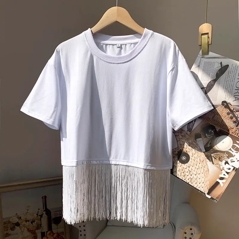 Summer Rock Style Short Sleeve Women O Neck T Shirts Hem Sexy Tassel Loose Casual Simple Oversized Clothing Dance Prom Costume