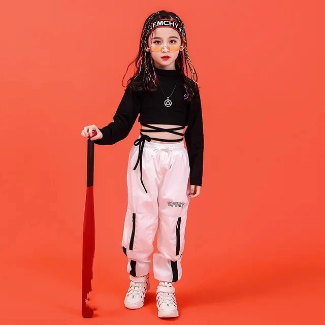 Costume girl Summer Chidren Hip Hop Clothing Cotton Black Long Sleeve Crop Tshirt White Polyester Pant 2 Pcs Streetwear Suit