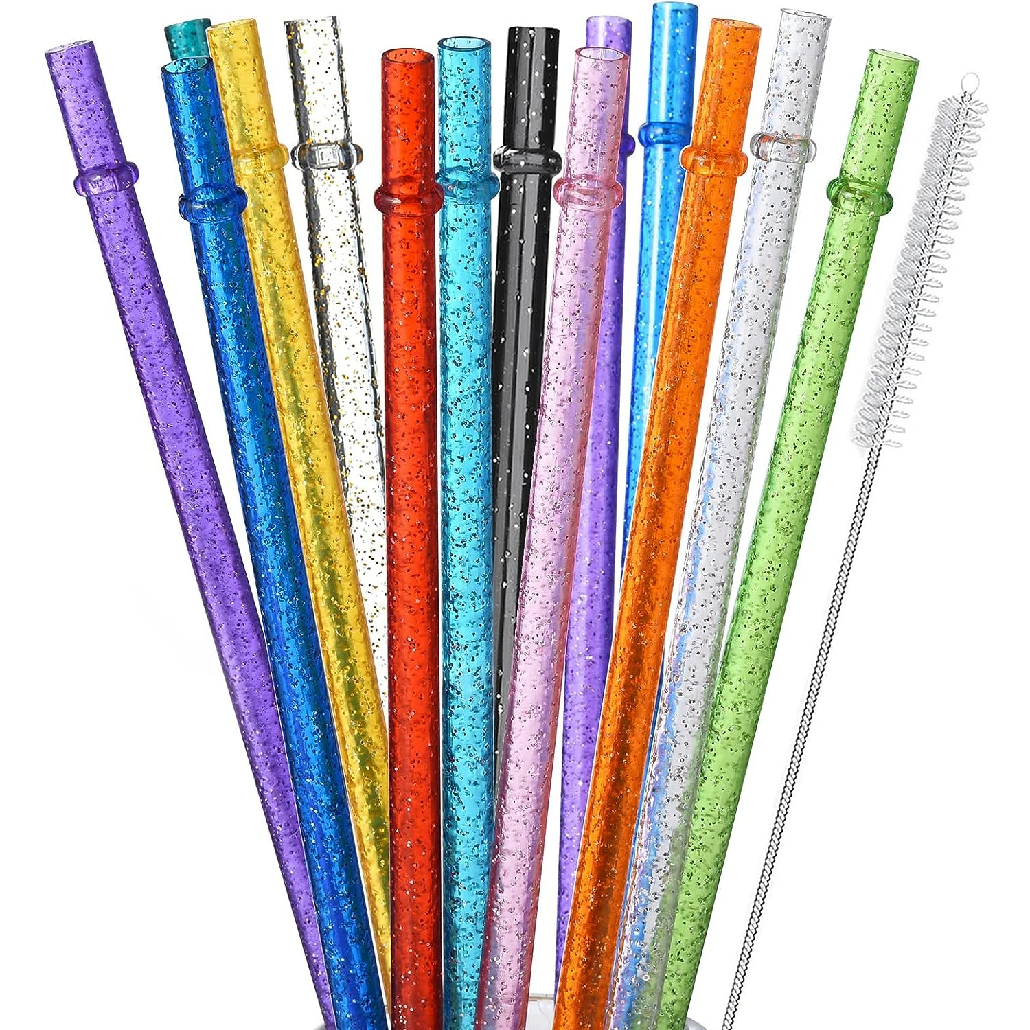 12-Pack Reusable Clear Plastic Glitter Straws, 13 inch Extra Long Tumbler Straws for Stanley Cups,Plus Cleaning Brush