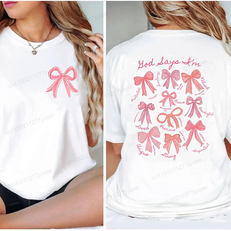 الله يقول أنا Coquette القوس الاتجاه النساء ملابس عصرية الجرافيك تي شيرت الملابس بوهو يسوع الكتاب المقدس الآية طباعة قميص عادية المحملة