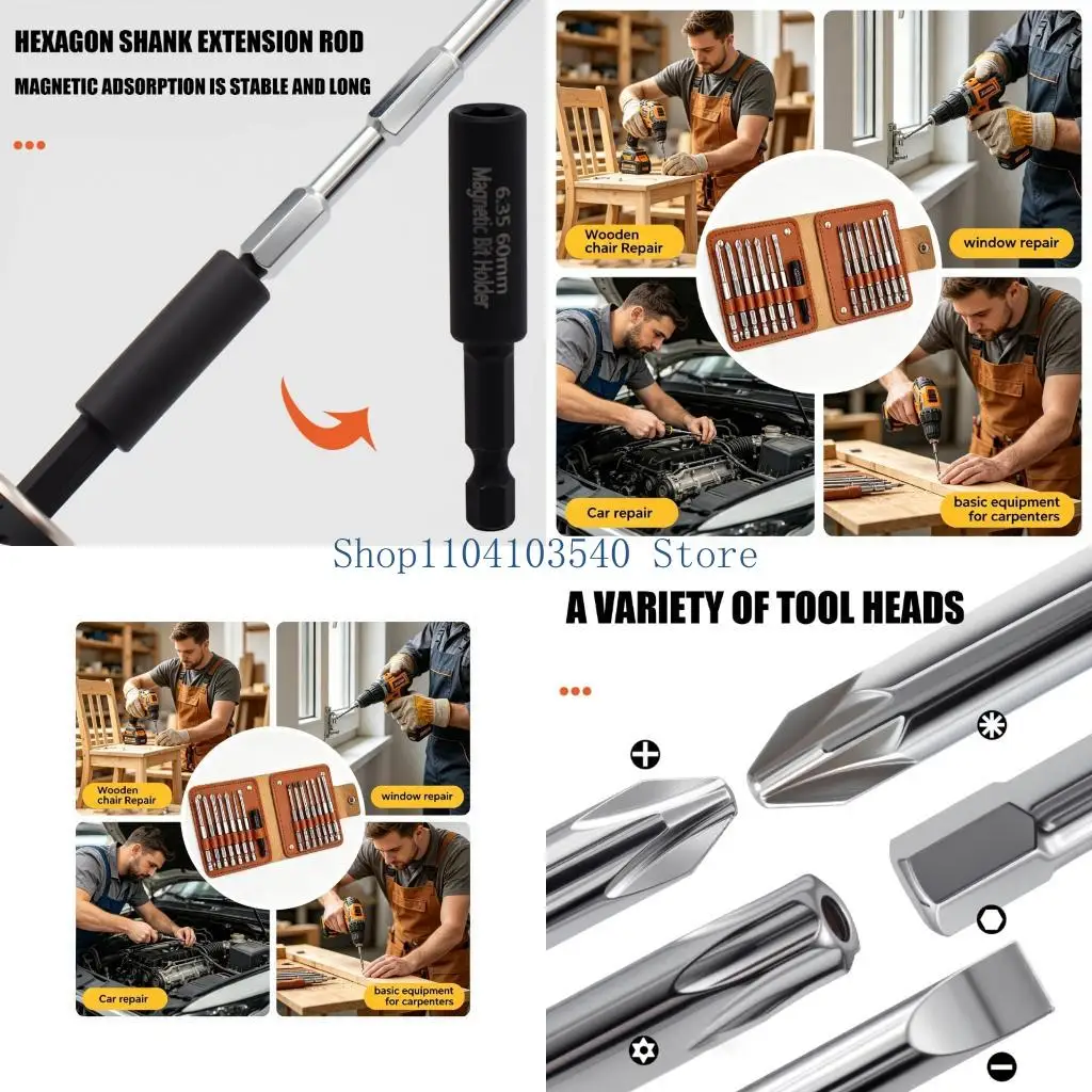 02DC Screwdriver Bit Set 15Piece with Alloy Steel Bit, Extension Holders, 6.35Mm Hexagonal Shanks, Fold-Out Storage Bag for Home