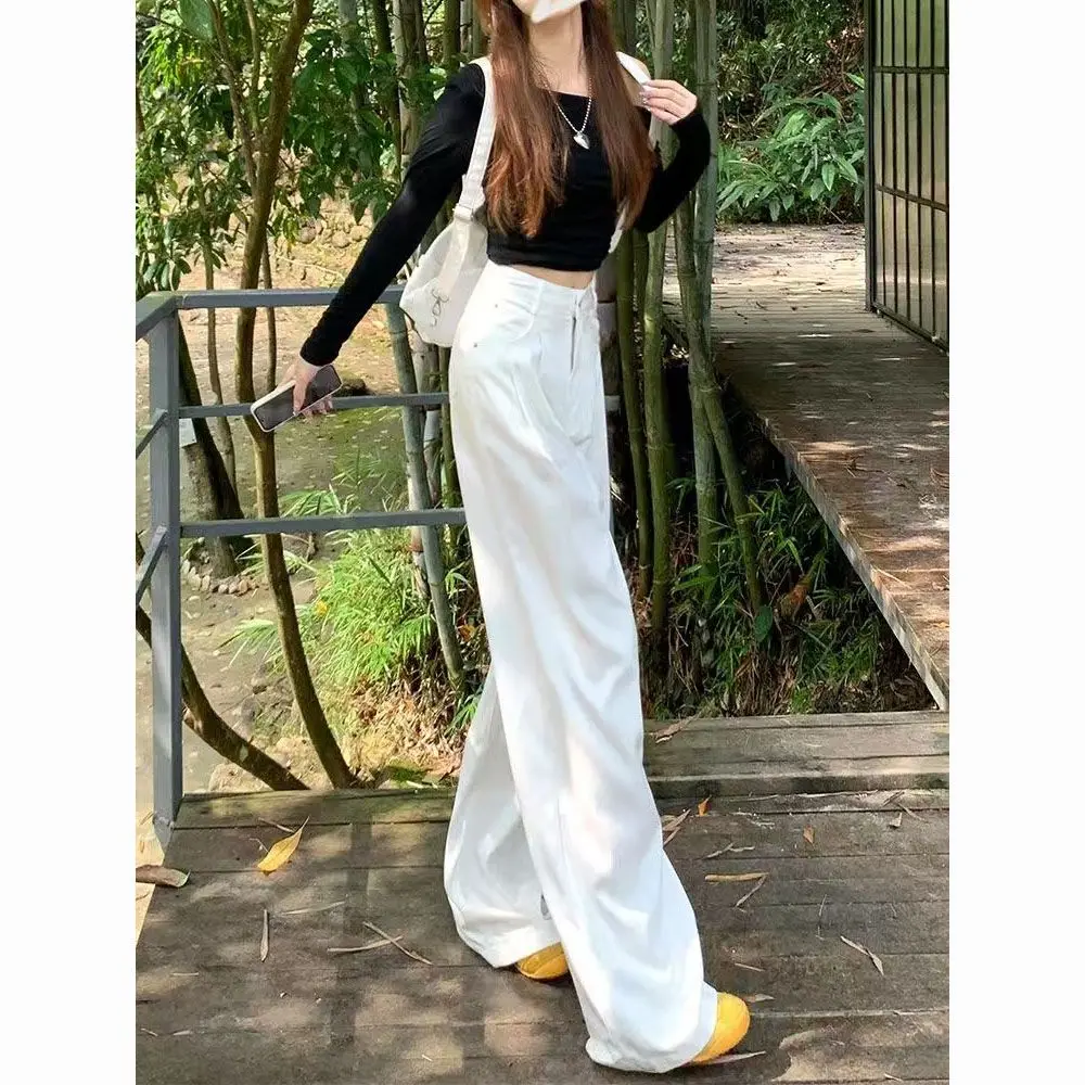 Witte wijde pijpen denim jeans dames herfst winter nieuwe losse slanke casual broek hoge taille rechte gevouwen veelzijdige lange broek