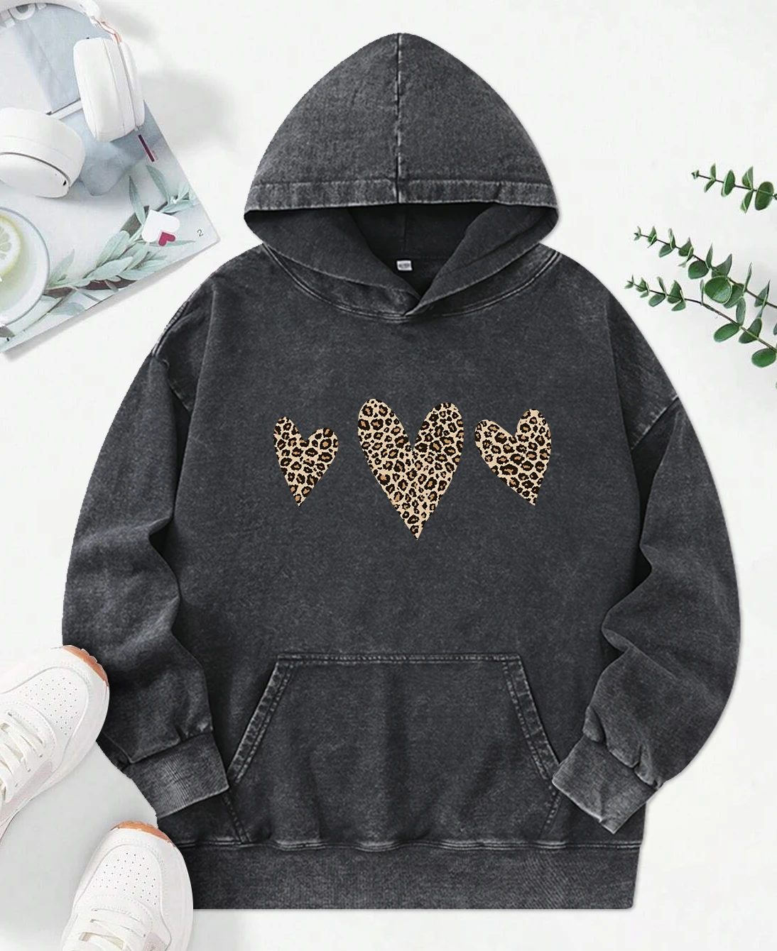 Leopard Print Love Printing Washed Hoodies Women Cotton Hip Hop Streetwear Fashion Comfortable Hoody Vintage Oversized Pullover