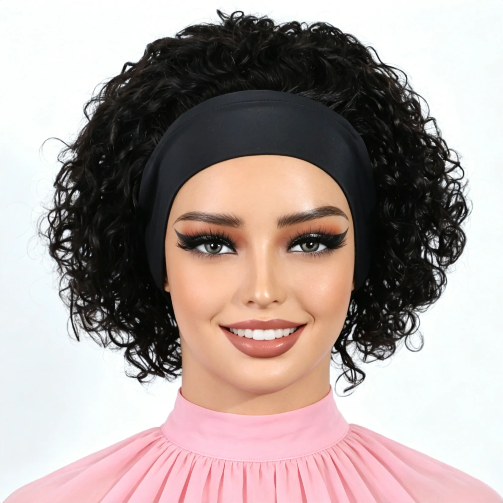 Lightweight Breathable Headband Human Hair Wigs 6 Inch Natural Black Curly Pixie Cut 150% Density Machine Crafted Comfortable