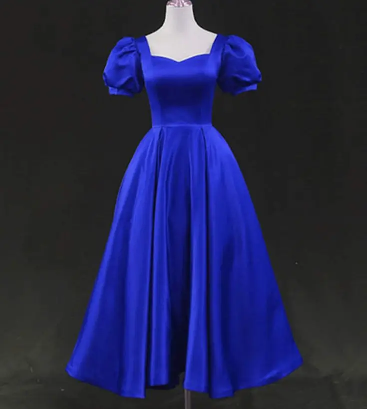 Royal Blue Prom Dresses Satin Tea Length Cap Short Sleeves Sweetheart A Line Formal Party Evening Gowns Graduation Dresses