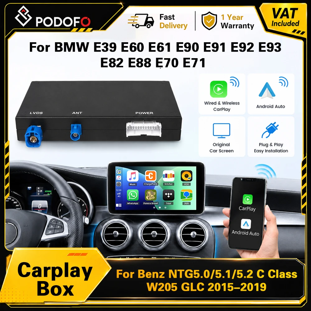 Podofo CarPlay Box Interface Decoder ohne Bildschirm, Plug & Play für BMW E39 E60 E61 E90 E91 E92 E93 E82 E88 E70 E71 & Mercedes Benz NTG5.0 NTG5.1 NTG5.2 C W205 GLC 2015-2019, unterstützt