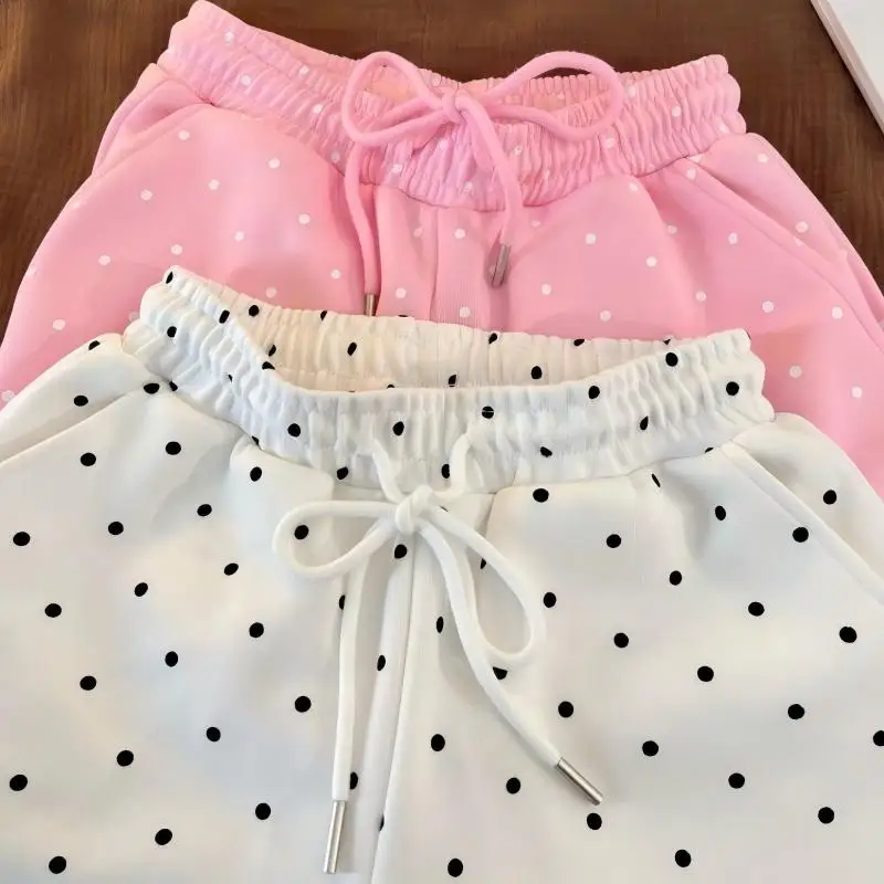 Purcoral Women Polka Dot Drawstring Shorts Elastic  Casual Sports Shorts Summer Soft Print Wear Short Trousers With Pockets