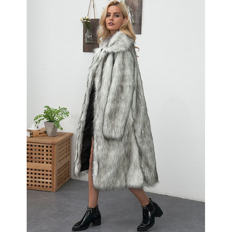 New European and American Style Winter Women's Plus Size Faux Fur Coat Long Slim Thick Warm Jacket Coat