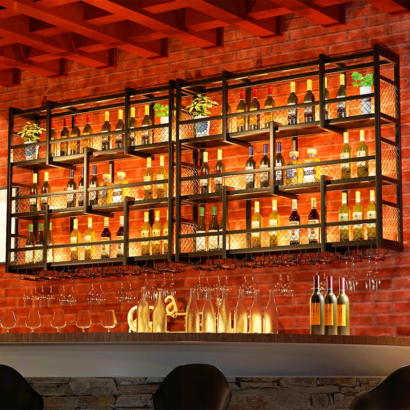 

Bar Wine Rack Wine Cabinet Wall Mounted Creative Wrought Iron Hanging Shelf Industrial Style Restaurant Wine Rack