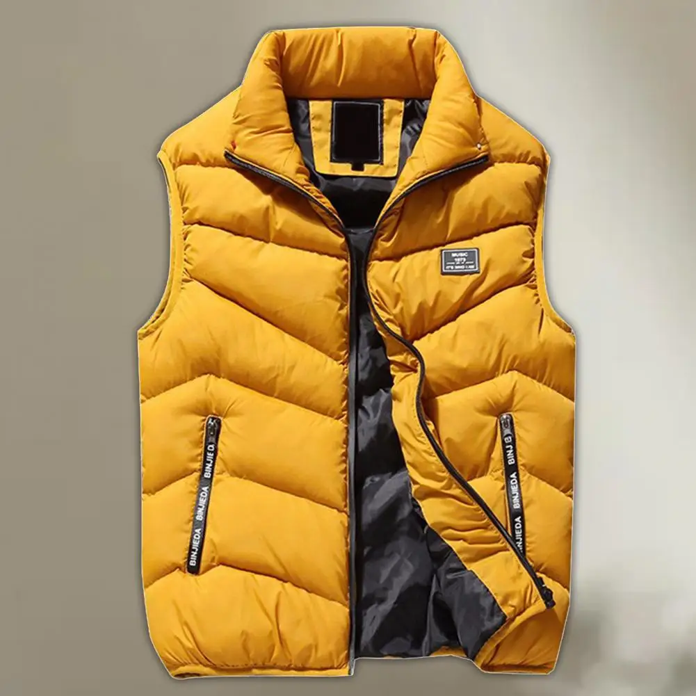 Trendy Sleeveless Jacket  Solid Color Skin-Touch Men Waistcoat  Coldproof Pockets Pockets Vest