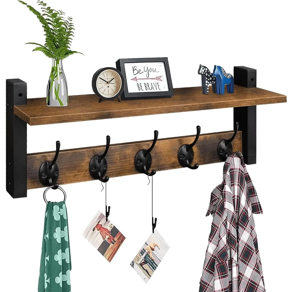 

Wall Mounted Coat Rack with Shelf and Five Hooks for Clothes Bags Towels Rustic Brown Black