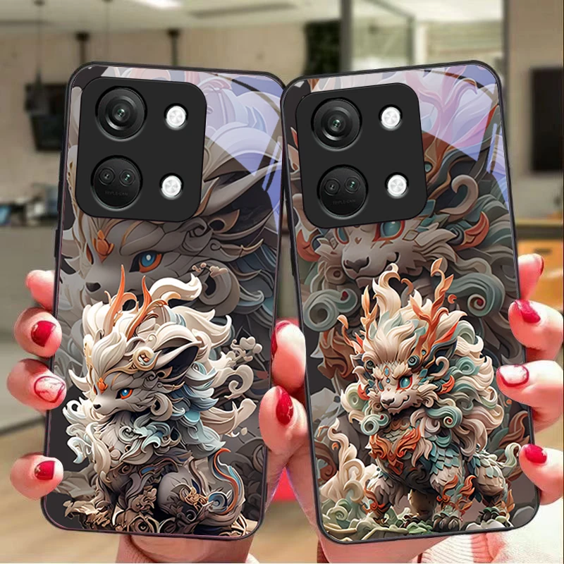 Chinese style lion For OnePlus Nord 3 5 6T 7 Pro 8 12 10T Reno8 Lite 5G 10R Nord N30 Hard shell Tempered glass phone case black