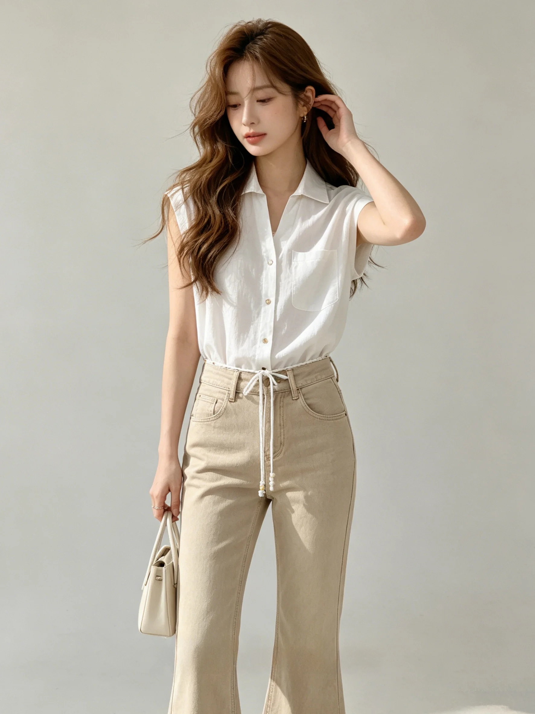 

White Korean Style Women's Shirt Short Sleeve Turn-down Collar Slimming Waist Design Summer Fashion Casual Versatile Top