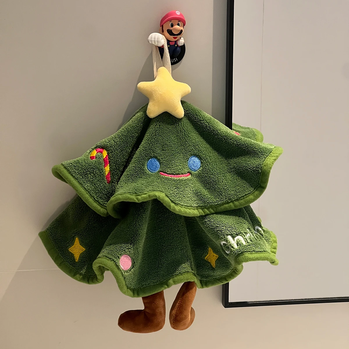 Christmas Tree Hand Towel Hangable Kitchen Towel with Embroidery Super Absorbent Coral Fleece Double-Layered Dish Cloths
