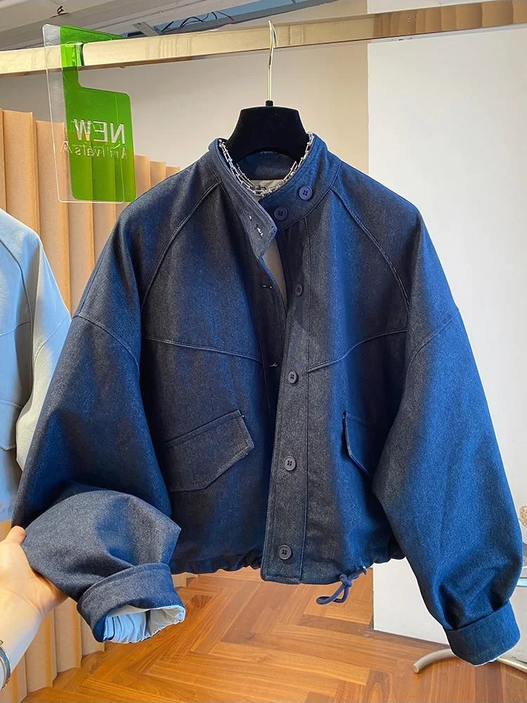 Spring Autumn  Korean Light Blue Stand-up Collar Denim Jacket Women's New Loose Ladies Jacket Tops