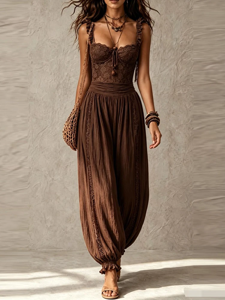 Women Elegant Ruffle Waist Solid Playsuit Overalls Casual Sleeveless Long Romper Sexy V-neck Lace Trim Spaghetti Strap Jumpsuits view 6
